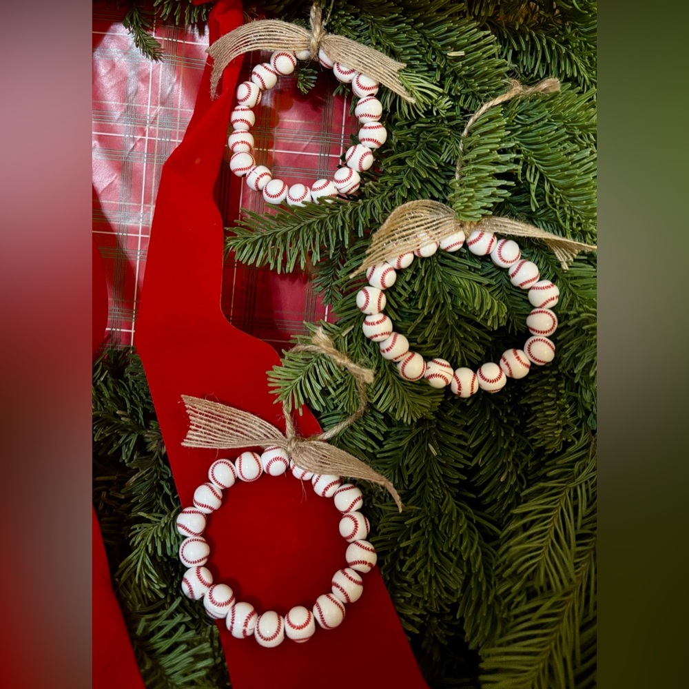 Newly handcrafted beaded baseball wreath ornaments